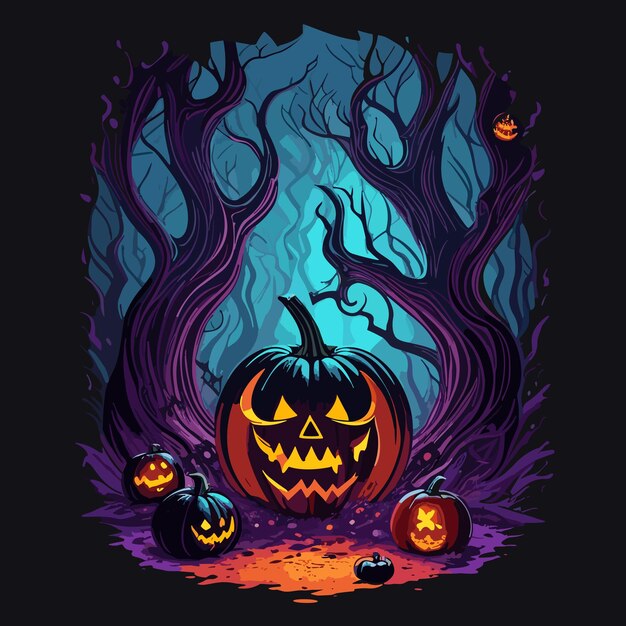 Calabazas de Halloween con llamas y árboles Ilustración vectorial en fondo oscuro