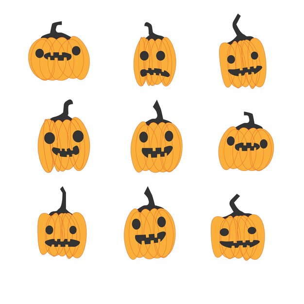 Calabazas de Halloween naranjas calabazas para samhain con caras sonrientes sonrientes y aterradoras