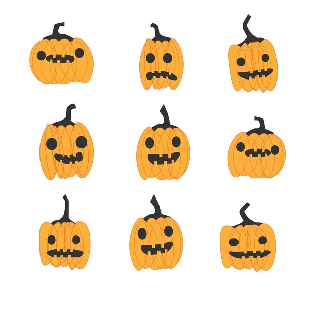 Vector calabazas de halloween naranjas calabazas para samhain con caras sonrientes sonrientes y aterradoras