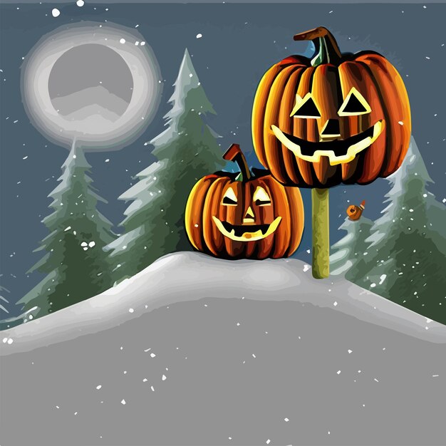 Calabazas de Halloween en un nevado en un jardín y murciélagos en la ilustración vectorial ilustración vectorial