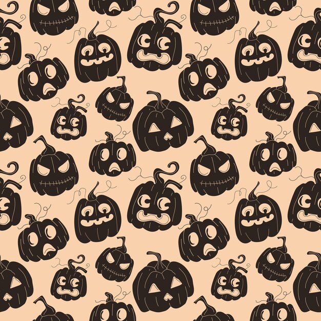 Calabazas de halloween de patrones sin fisuras, caras graciosas. Conjunto de vectores en estilo de dibujos animados.