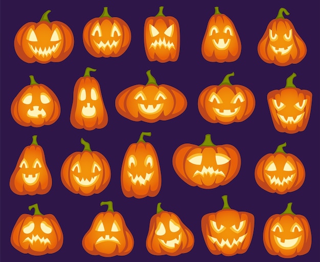 Calabazas de Halloween. Personajes de calabaza naranja. Caras divertidas espeluznantes, felices y tristes, enojadas para la fiesta de halloween.