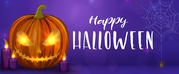 Calabazas de Halloween talladas, banner horizontal. Ilustración colorida de Halloween de miedo.