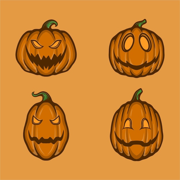 calabazas de halloween en varias formas diferentes y caras ilustración vectorial