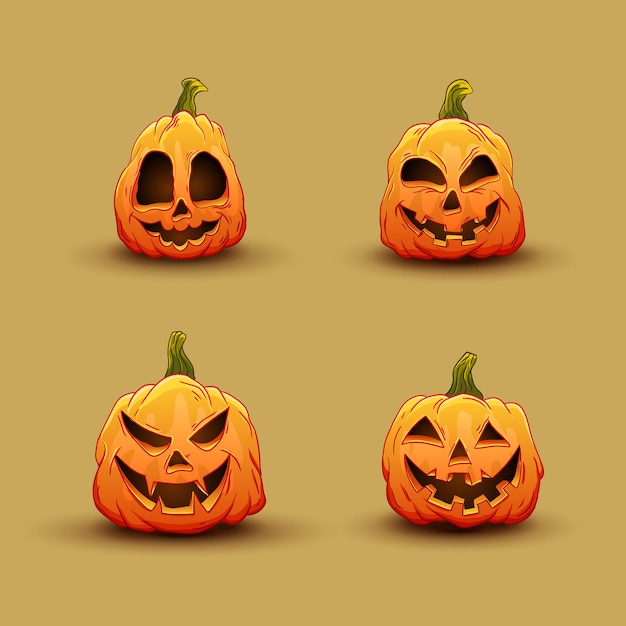 Calabazas de Halloween en vector con conjunto de iconos de cara diferente. ilustración dibujada a mano de color.