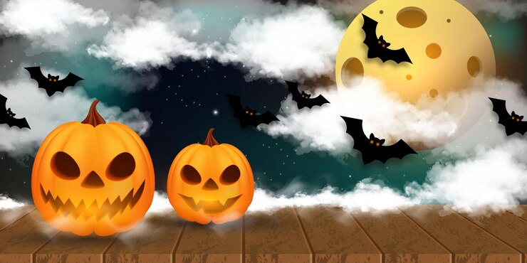 Calabazas Helloween sobre madera. Fondo de Helloween en la noche con luna.
