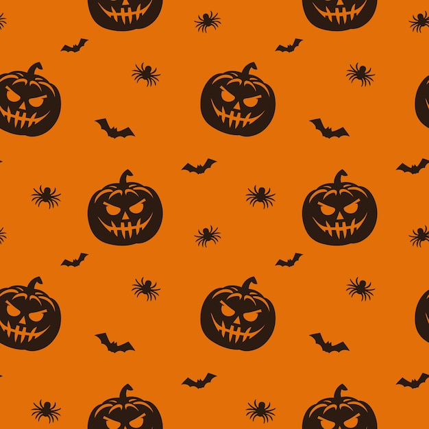 Las calabazas y murciélagos oscuros y aterradores en fondo naranja patrón sin costuras vector de fondo de Halloween