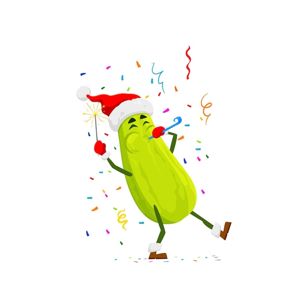 Calabazas de Navidad con soplador de fiesta de vacaciones, chispas y confeti, personaje de dibujos animados vectorial, calabazas felices, verduras en el sombrero de Papá Noel en la celebración del Año Nuevo y las vacaciones de invierno de Navidad.