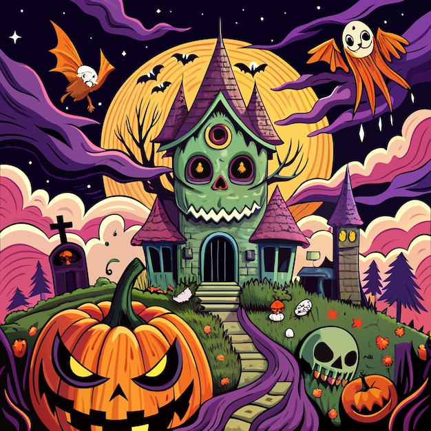 Las calabazas de la noche de Halloween son una ilustración vectorial de atmósfera oscura.