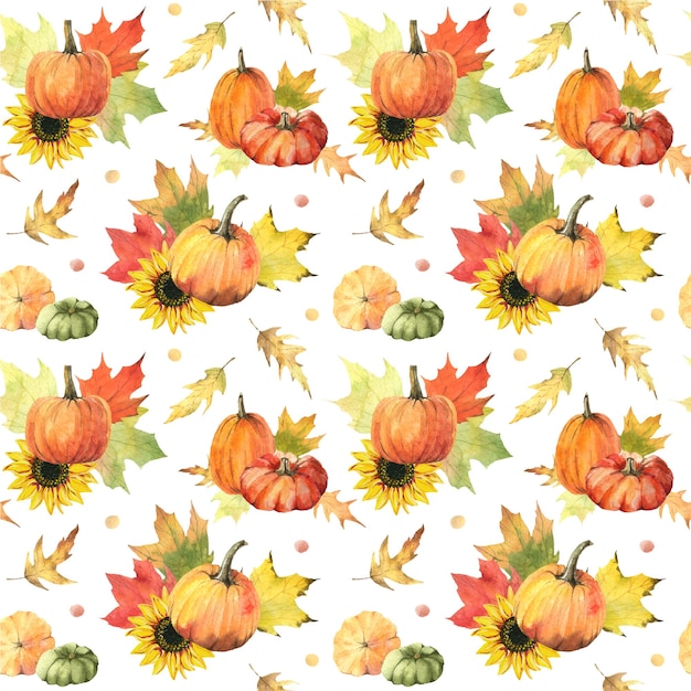 Las calabazas de otoño, el arce, el girasol, el patrón sin costuras.