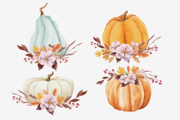 Calabazas de otoño y hojas en estilo acuarela.