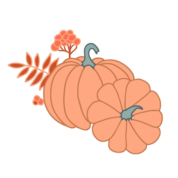 Calabazas y rama de serbal con hojas y racimo de bayas ilustración de vector de otoño estacional día de acción de gracias