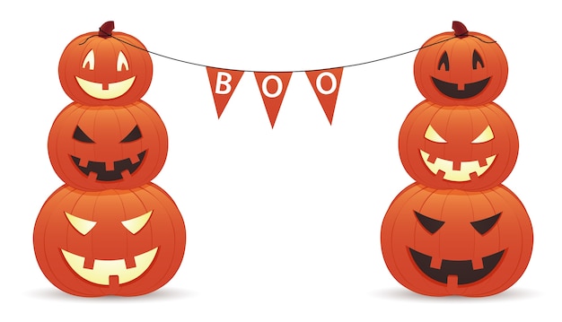 Calabazas sonrientes divertidas con inscripción boo.