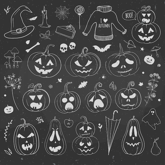 Vector calabazas talladas y garabatos de halloween en una pizarra