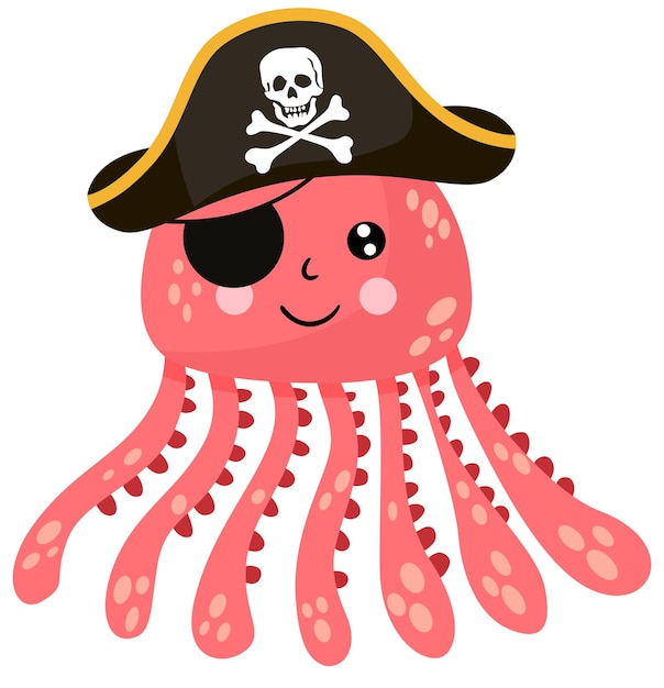 Calamar pirata gracioso con sombrero negro y ojo cubierto