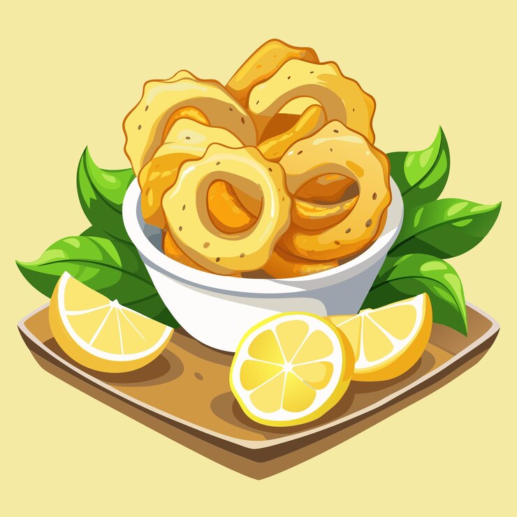 Vector calamari frito y crujiente con limón
