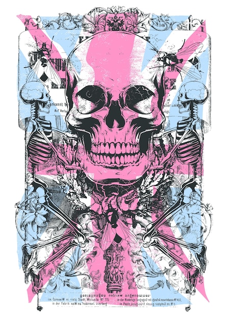 Calavera con abejas y esqueletos sobre un fondo de bandera
