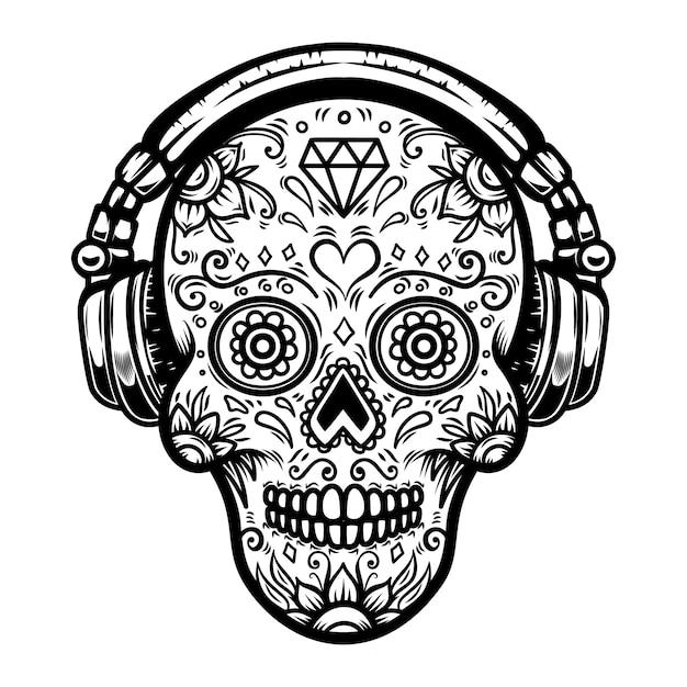 Calavera de azúcar con auriculares. elemento para cartel, tarjeta, impresión, emblema, signo. imagen