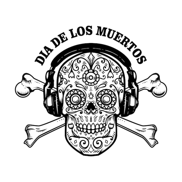 Calavera de azúcar mexicana con auriculares y tibias cruzadas. DIA DE LOS MUERTOS.