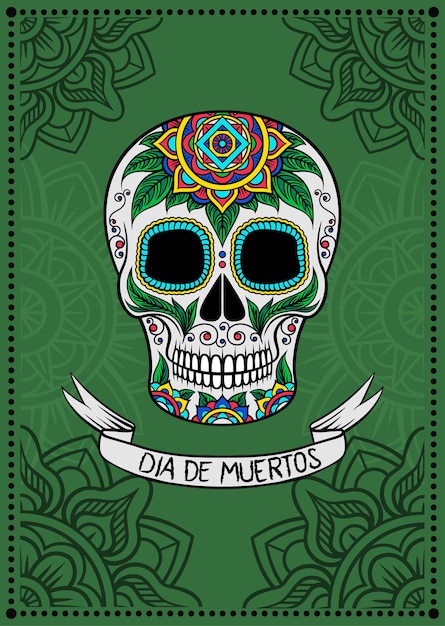 Calavera de azúcar mexicana con patrón floral colorido dia de muertos elemento de diseño para vector de tarjeta de felicitación de cartel ilustración sobre un fondo verde