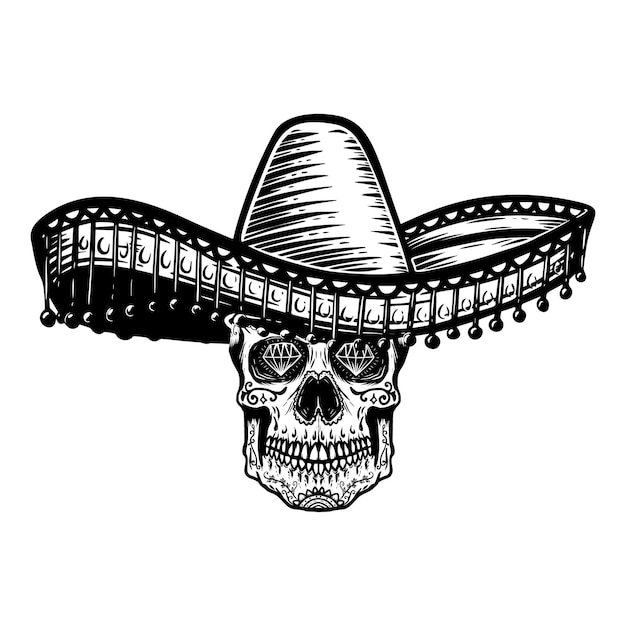 Calavera de azúcar mexicana en sombrero. Tema del día de los muertos. Elemento de diseño de cartel, camiseta, emblema, letrero.