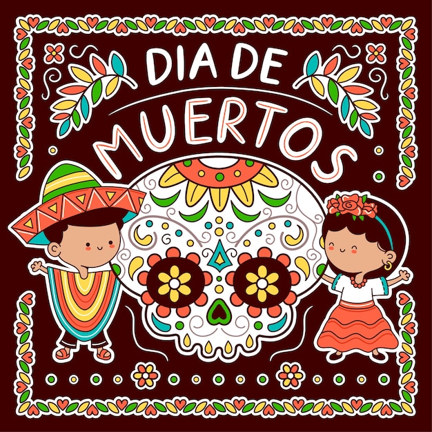 Calavera de azúcar y niños en traje tradicional mexicano. día de los muertos, concepto de dia de muertos. icono de ilustración de personaje de kawaii de dibujos animados de línea plana de vector. cartel mexicano dia de muertos