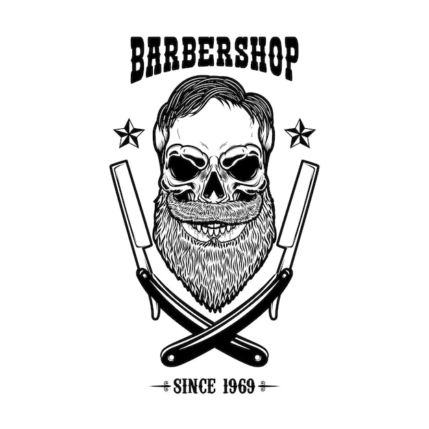 Calavera con barba y dos cuchillas de afeitar. Plantilla de diseño de impresión de camiseta