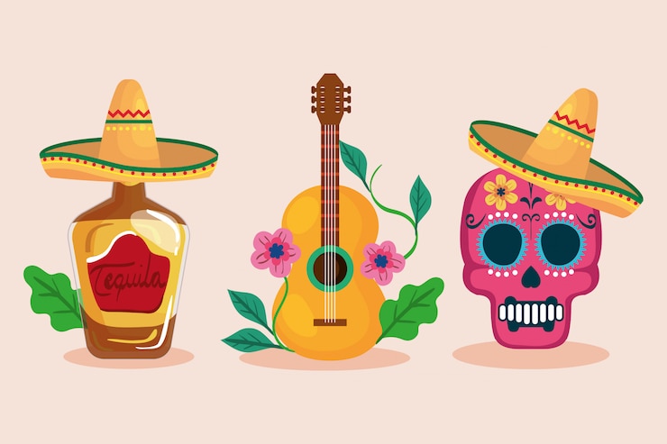 Vector calavera de botella de tequila mexicana con sombrero y guitarra
