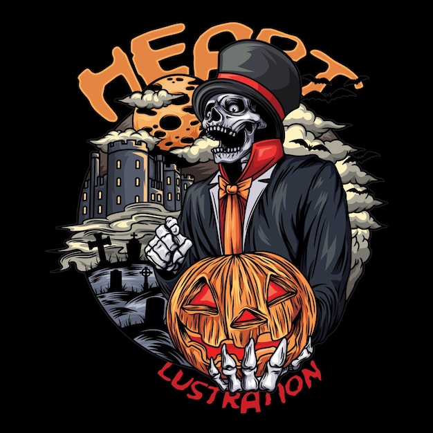 Calavera y calabaza en halloween con ilustración de texto