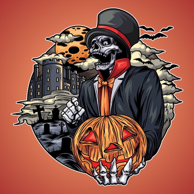 Calavera y calabaza en la ilustración de halloween