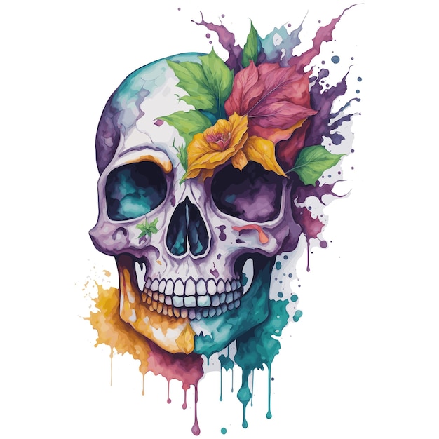 Una calavera colorida con una flor.