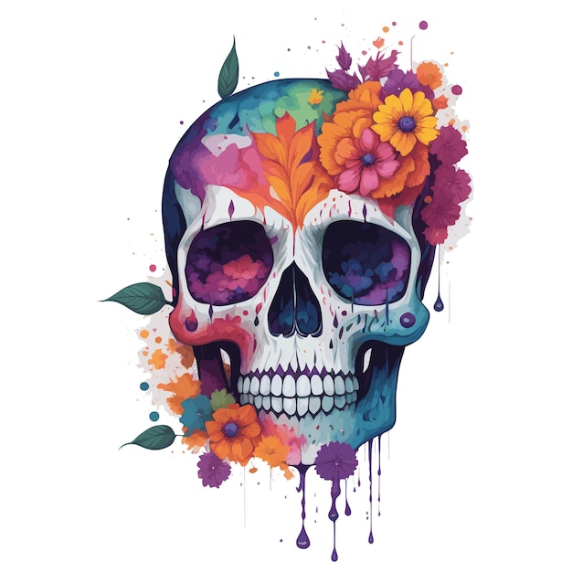 Una calavera colorida con flores y hojas.