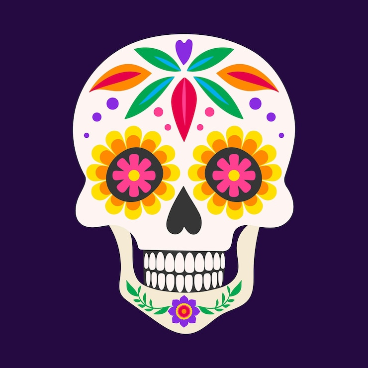 Vector una calavera colorida con flores y hojas.