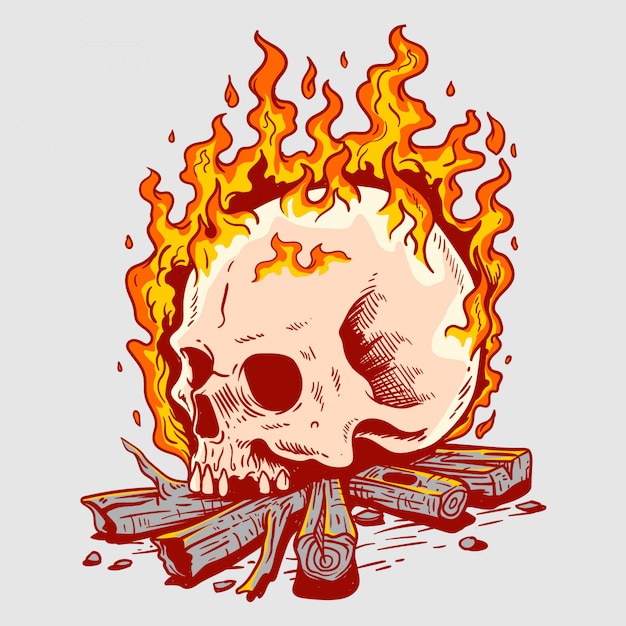 Vector una calavera dibujada a mano ardiendo con leña en mano dibujada