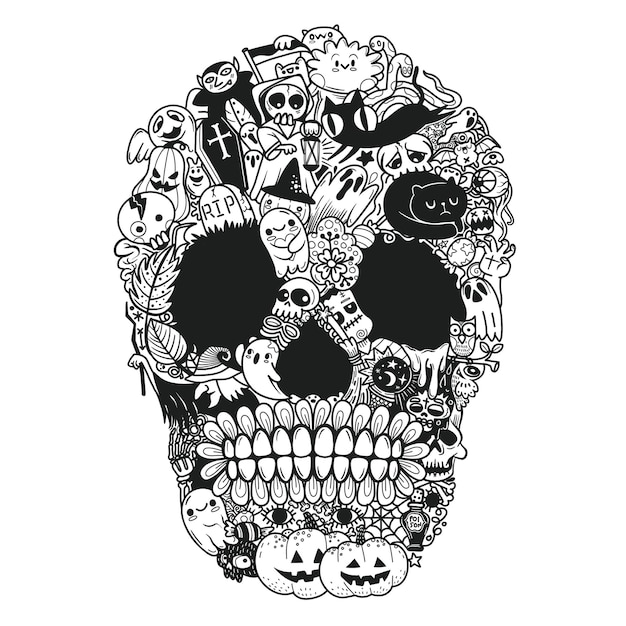 Calavera dibujada a mano hecha de monstruo divertido fiesta de halloween