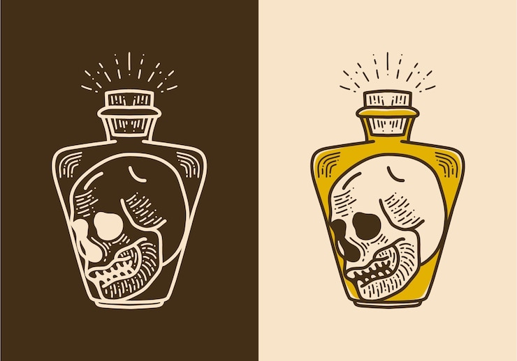 Vector calavera en un dibujo de arte vintage retro de botella