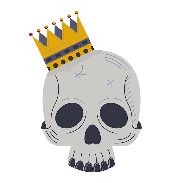 Vector calavera de dibujos animados con una corona dorada con joyas, una linda calavera real con un diseño caprichoso.