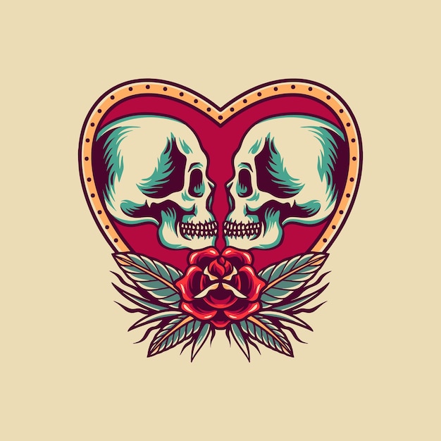 Calavera enamorándose ilustración retro