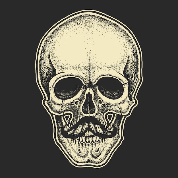 Calavera de estilo dotwork con bigote. Ilustración dibujada a mano. Diseño de camiseta.