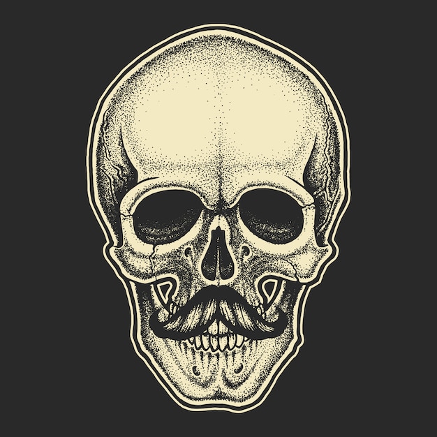 Vector calavera de estilo dotwork con bigote. ilustración dibujada a mano. diseño de camiseta.