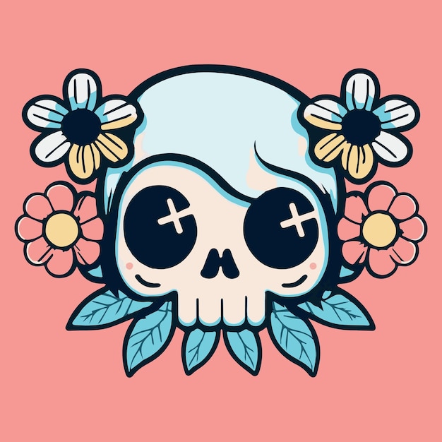 Calavera con flores ilustración vectorial de dibujos animados hermoso diseño gráfico retro vintage esqueleto