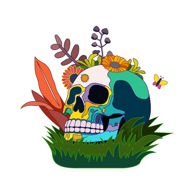 Vector una calavera con flores y mariposas.