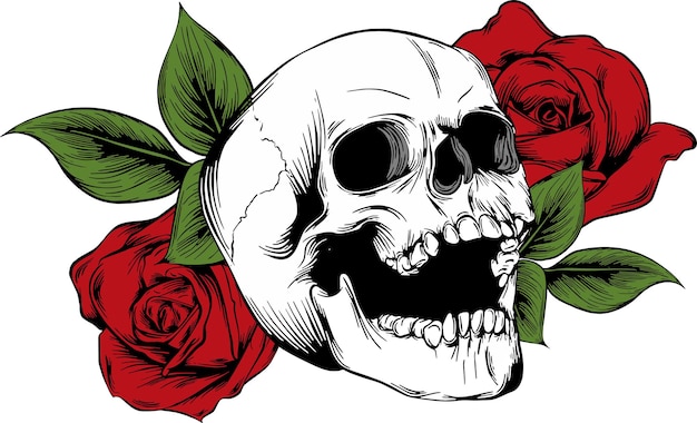 Calavera con flores con rosas Dibujo a mano Vector