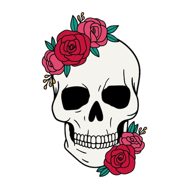 Calavera con flores con rosas retrato de calavera humana con corona de flores