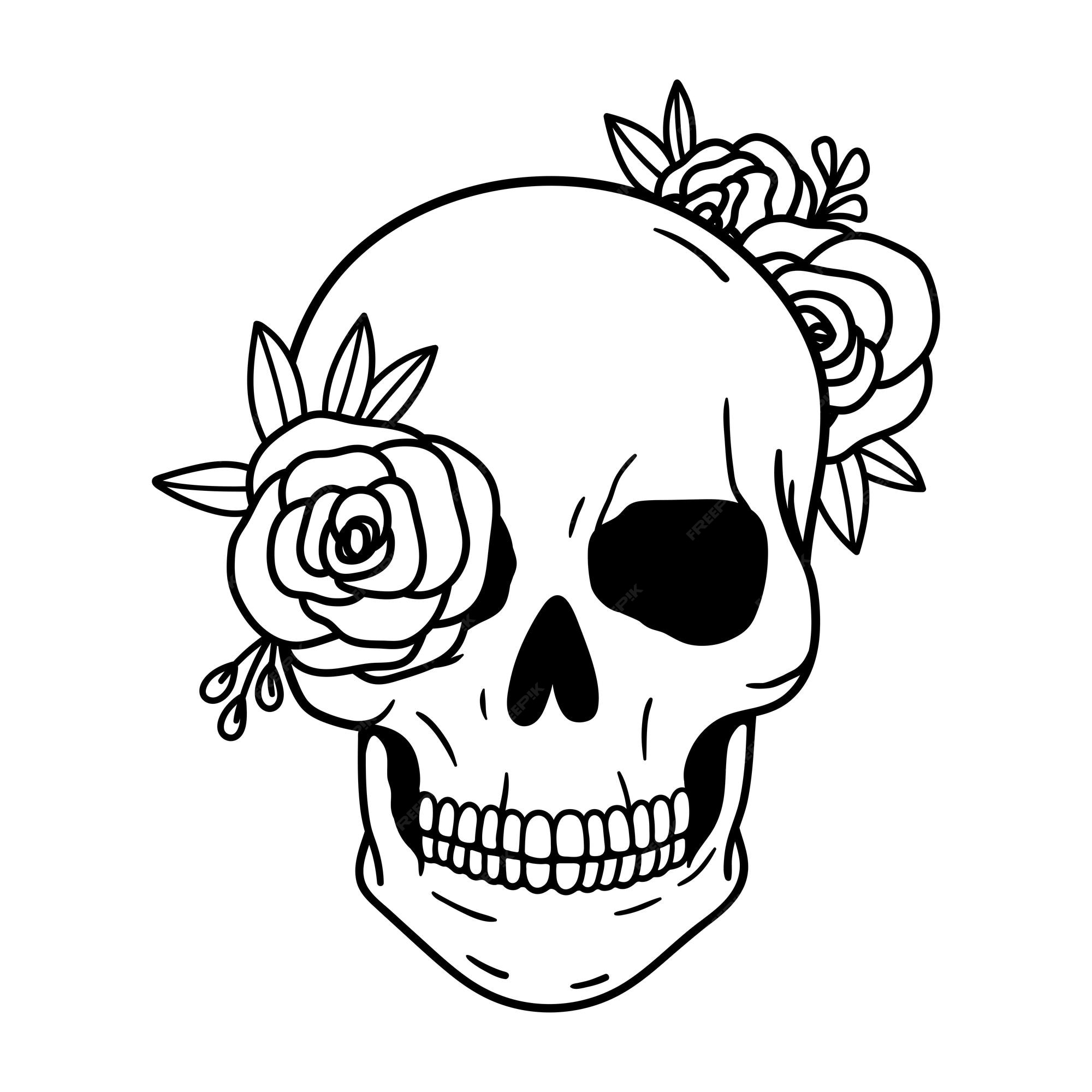 Calavera con flores con rosas retrato de calavera humana con corona de  flores | Vector Premium