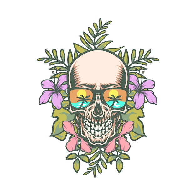 Vector calavera y flores tropicales exóticas, línea dibujada a mano con color digital