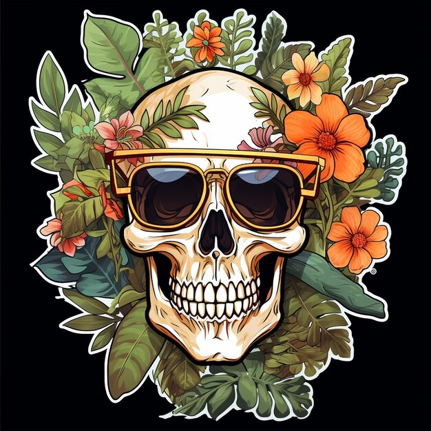 Una calavera con gafas de sol con flores y una calavera.