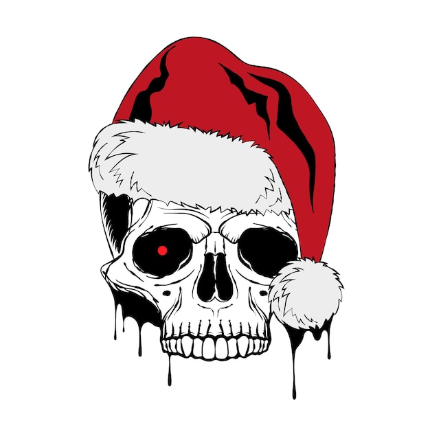 Calavera con gorro de papá noel, ojos rojos y gotas de tinta