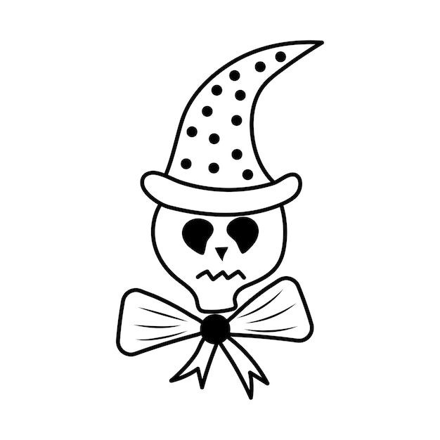 Calavera de halloween en un sombrero mágico y con un lazo en la ilustración de vector de estilo doodle