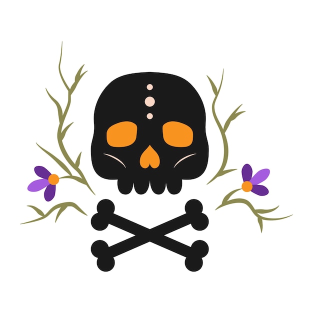 Vector calavera con huesos y flores para el diseño de halloween